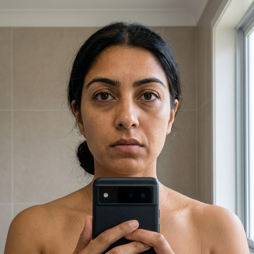 Day 0 selfie, Indian woman, dull tired skin before Lustre Collagen Silk Ampoule