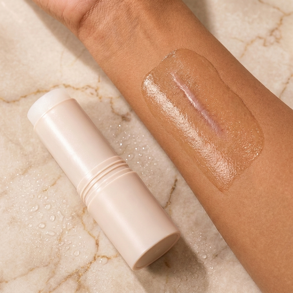 Silicone scar stick swatch on a warm medium-brown Indian forearm on cream marble