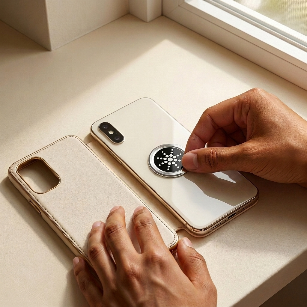 Peel and stick the QuietField chip onto the phone, warm brown Indian hands
