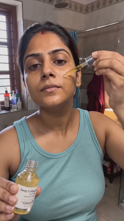 Indian woman presses golden serum drops onto cheek, glass-skin glow, real customer UGC