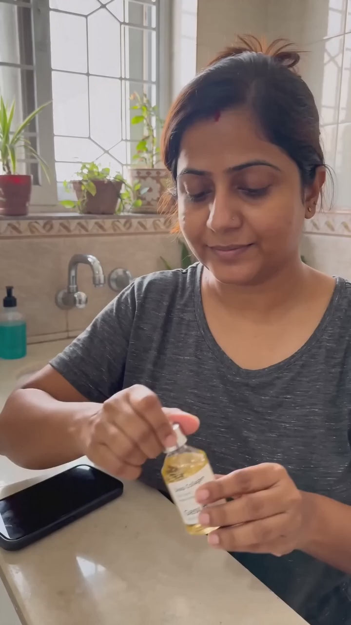 Indian woman demonstrates the ampoule routine, dropper and press-in, tutorial