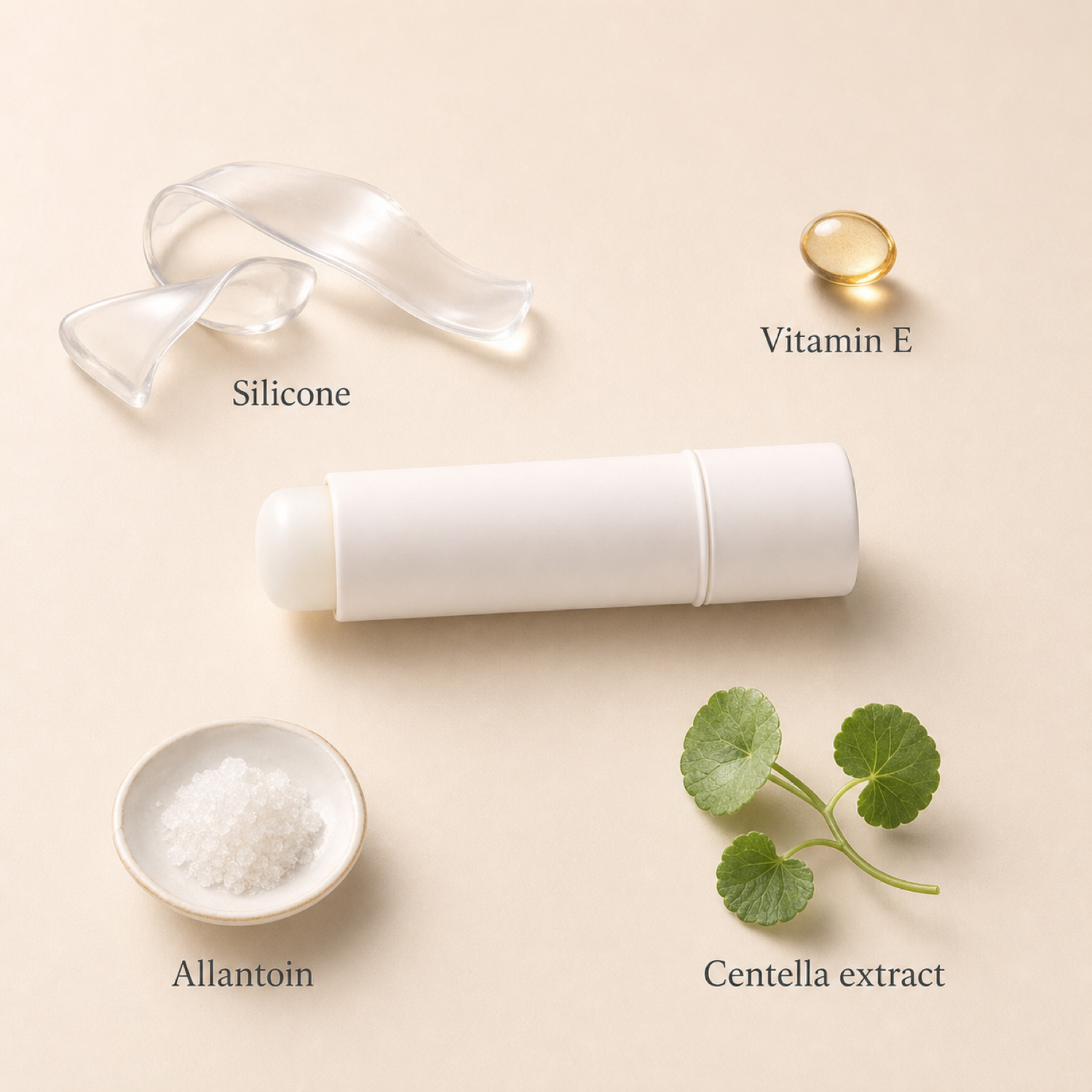 FadeStick with its ingredients — silicone, vitamin E, allantoin, centella extract